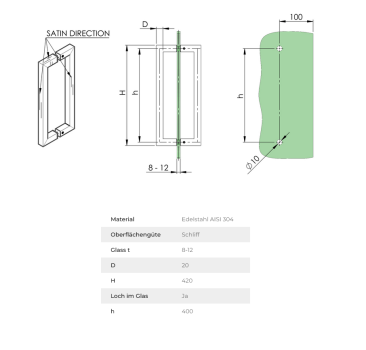 Griffstange 400 mm Türgriff für Glastür Schiebetür Griff Glasscheibe Stoßgriff Edelstahl V2A Glas 8-12 mm